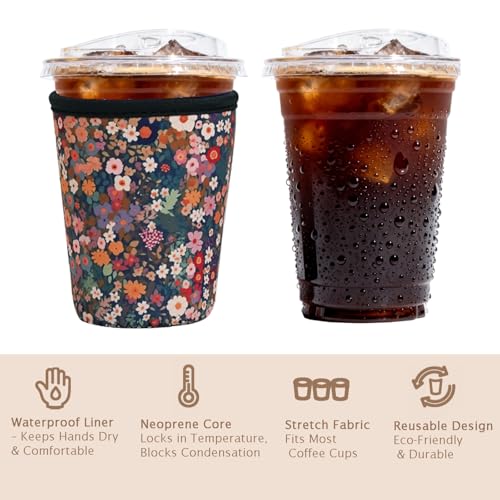 Image of Reusable Insulated Sleeve for Iced Coffee Cup, 3-Pack Coffee Neoprene Drink Sleeve for Cold & Hot Drinks, Beverage Holder for Iced Coffee (Flower Fantasy)