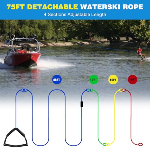 75FT Radius Handle Ski Ropes for Water Skiing, Floating Wakeboard Rope and Handle, 4-Section Water Ski Rope, Wakeboard Tow Ropes for Waterskiing, Wakeboarding, Kneeboarding, Watersports