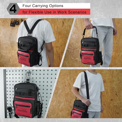 MELOTOUGH Small Tool Backpack for Men 30 Multi-Storage Pockets Heavy Duty Tool Bag Backpack with Dual-Form Shoulder Strap for Electrician, HVAC, Technician - Water Resistant (Red) - Image 5