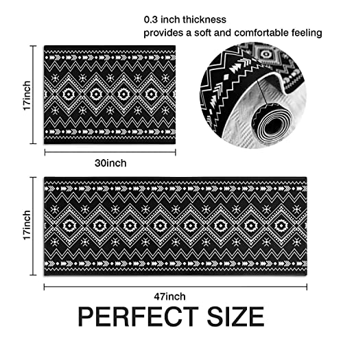 Cocobelin Black Boho Geometric Kitchen Rugs & Mats 2 Pieces,Black & White Boho Bathroom Rug,Non Slip Cushioned Mat Runner Rug Doormat For Boho Kitchen,Sink,Laundry,Bathroom,Home Decor,17X24+17X48Inch #TOP2