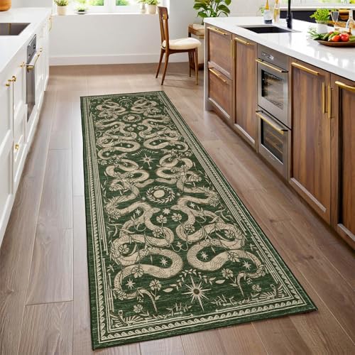 Snake Washable Runners for Hallways 2x6 Runner Rug for Kitchen Non Slip with Rubber Back Forest Soft Low-Pile Stain Resistant Thin Carpet for Entryway Bedroom Laundry Room Green