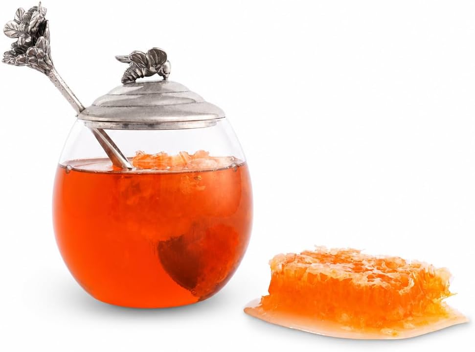 Vagabond House Bee Glass Honey Pot with Spoon - Pewter Accents - 5 Inch Tall, 12 oz - Perfect for Honey Serving