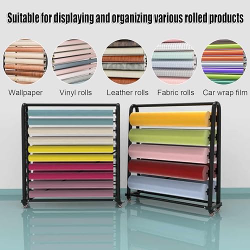 Commercial Fabric Roll Storage Rack, Movable Heavy Duty Steel Organiser Holder for Vinyl Wrap Rolls / Leather Rolls / Window Film / Wallpaper Displays, with Adjustable Rod & Brakeable Wheels(172x45x17
