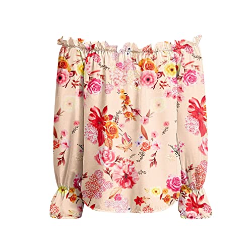 Womens Off The Shoulder Boho Floral Blouse Lantern Sleeve Geometric Print Top Ruffle Flower Loose Vacation Shirt #TOP3