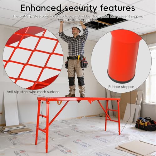 HEVIRGO Foldable Work Platform Scaffolding, 1000 LBS Capacity Heavy-Duty Drywall Cart, 5-Level Adjustable 33\"-57\" Folding Scaffold Ladder Non-Slip Mat, for Painting, Construction & Warehouse 1.8M - Thumbnail 7