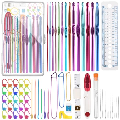 YINVA 59Pcs Crochet Hooks Set 14pcs Aluminum Crochet Hooks 20pcs Crochet Stitch Marker Knitting Accessories Tools with Case Crochet Kits for Beginners Adults 2.0mm-10.0mm