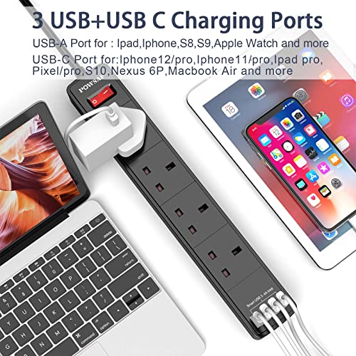 POWSAF Extension Lead with 4 USB Slots (3.4A, 1C and 3A Ports),Power Strip Extension cord with 4 way plug extension Socket and 2M Extension Cable for Home Office Travel holiday essentials,Black - Image 4