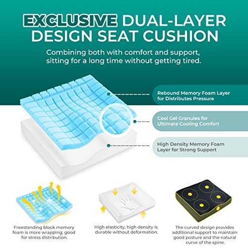 Seat Cushion Office Chair Pad: 4 Inch Extra Thick Dual Layer Memory Foam Seat Cushions For Coccyx Tailbone Sciatica Back Pain Relief, Soft Support Long Sitting For Computer Desk, Wheelchair, Car Seat #TOP1