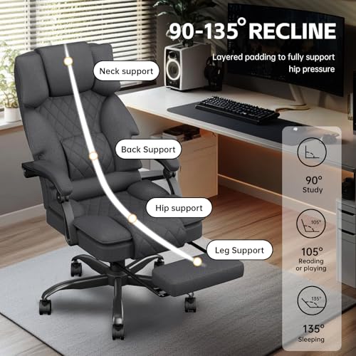 Office Chair, Ergonomic Office Chair with Footrest ＆ Wide Seat, Fabric Big and Tall Computer Chair for Adults, Adjustable Height Desk Chair, Heavy Duty Executive Recliner, 350LBS,  image 3