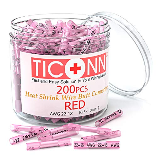 TICONN 200PCS AWG 2218 Heat Shrink Butt Connectors, Insulated Waterproof Electrical Marine Automotive Wire Crimp Terminals, Butt Splice (Red200PCS)