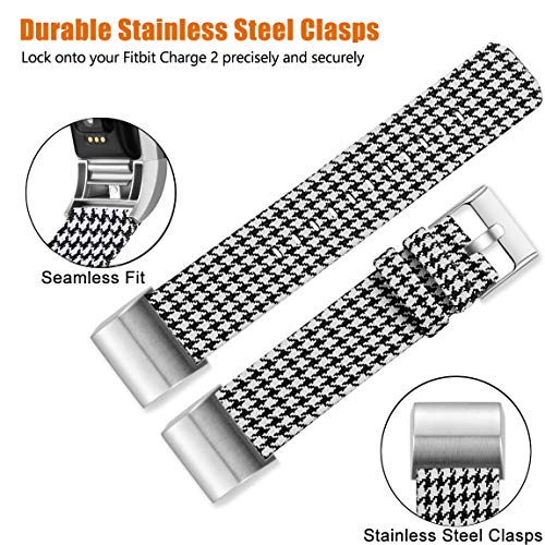 Maledan Bands Compatible with Fitbit Charge 2 and Charge 2 HR Fitness Activity Tracker for Women Men, Durable Woven Fabric Watch Band Replacement Accessories Strap Wristband, Small, Black/White Plaid - Thumbnail 7