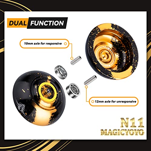 magicyoyo dual purpose yoyo n11 - responsive yo yo for kids 8-12 or above amp unresponsive bearing kit for advanced edge hook finger spin with yo yo glove  bag  12 yoyo strings black golden