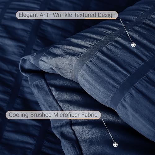 Image of MUXHOMO 7 Pieces Oversized Queen Comforter Set, Seersucker Bed in a Bag Oversized Queen Size, All Season Luxury Bedding Set with Comforter, Flat Sheet, Fitted Sheet, Pillowcases & Shams, Navy Blue