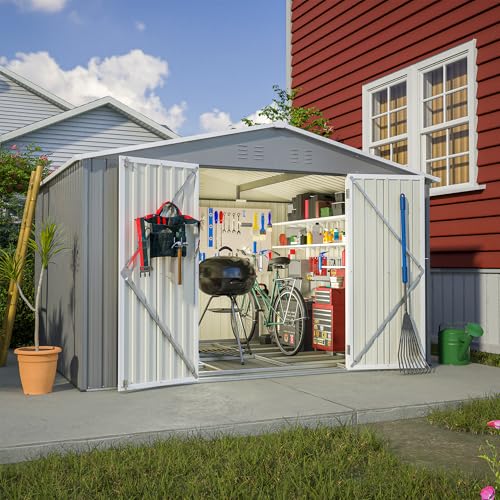 Image of YOPTO 10X8 FT Outdoor Storage Shed,Metal Shed W /Floor Frame,Garden Tool House W /Lockable Hinged Door,Air Vents & Sloped Roof,for Backyard Patio Lawn,Gray
