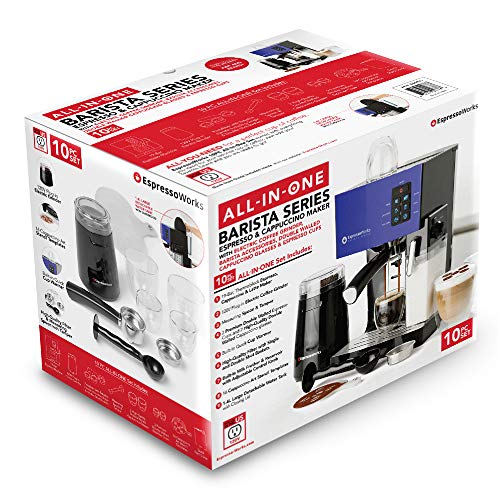 Espresso Machine & Cappuccino Maker-19 Bar Pump, 10Pc Allinone Espresso Maker & Milk Steamer W/Bean Grinder, 2 Cappuccino & 2 Expresso Cups, Tamper, Single & Double Shot Filter Baskets, 1250W, (Blue) #TOP7