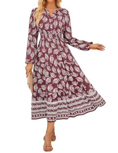 Schöne Damenkleidung Langes Kleid Elastische Taille V-Ausschnitt A-Lini Langarm Boho Midi Blumenkleid CL37-01/Rote Blume XL