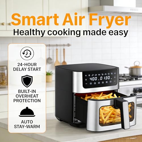 Image of HealSmart 6.34 Qt Air Fryer with Window, 8-in-1 Digital AirFryer Oven, 1700W, Nonstick Dishwasher-Safe Basket, Air Fry, Roast, Dehydrate, 90-Min Timer, Stainless Steel, Black