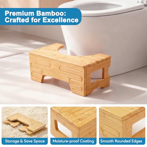 Image of Foldable Toilet Stool-Squat Stool for Bathroom,Bamboo Potty Stool for Toddler,Teens & Adults,Adjustable 7 inch & 9 inch Heights Flip Design,Compact Space-Saving Poop Stool for Small Bathroom (Natural Color)