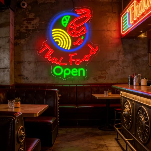 Image of Thai Food Open Neon Sign, Thailand Restaurant LED Neon Sign Wall Decor, Neon Signs for Wall Decor Food Shop Light Thai Cuisine Display 15.7 inch x 13.4 inch
