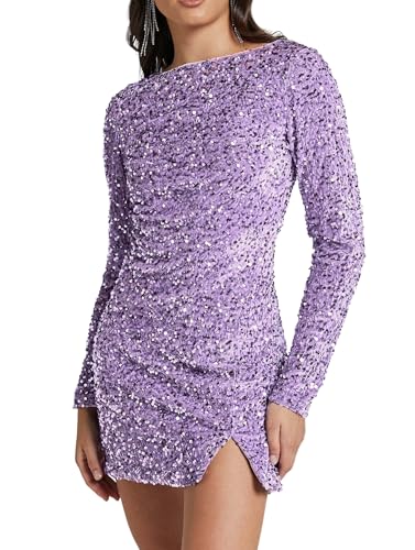 Image of R.Vivimos Women's Sequin Bodycon Dress Fall Winter Velvet Warm Long Sleeve Crew Neck Sexy Backless Glitter Slit Mini Dress