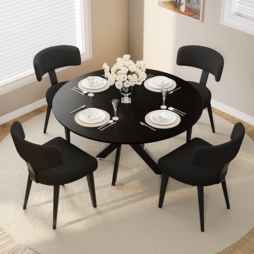 Image of Wood Dining Table Set for 4, 47 inch Round Kitchen Table with 4 Boucle Dining Chairs, MDF Tabletop with Metal Legs, Ergonomic Dining Chair with Metal Legs(Black Table)