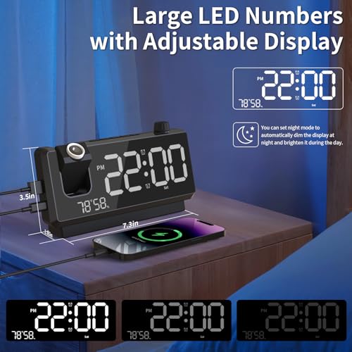Projection Alarm Clock for Bedroom, 7" Mirror Face Display Digital Clock with 180° Projector on Ceiling, 3-Level Dimmer, USB Charger Ports, Dual Alarm for Heavy Sleepers, Ideal Gifts for Kids Elderly - Image 3