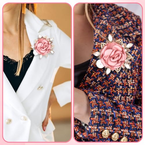 Image of Brooches for Women, Flower Brooch for Women Men Wedding Party Gentleman's Handmade Crystal Pearl Fabric Flower Lapel Pink Pin Dress Boutonniere Ideas Suit Accessories
