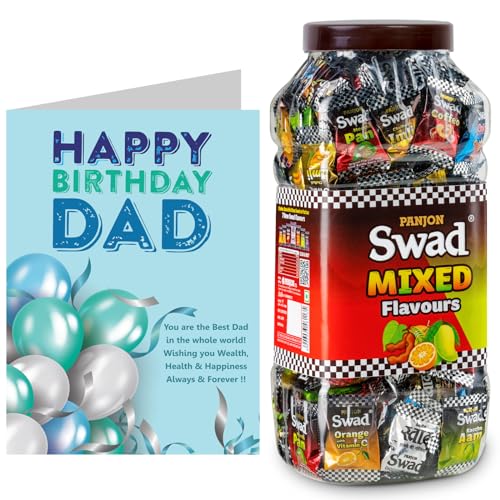 Image of Swad Happy Birthday Dad Papa Father Gift with Card (Swad Mixed Flavours Candy 200 Jar & 1 Greeting card) 2 units
