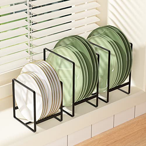 Hikinlichi 2 Pack Plate Organisers Holders Cabinet Dish Drying Racks Metal Upright Plate Dish Organizers Racks Stands for Countertop and Cupboard Black - Image 3