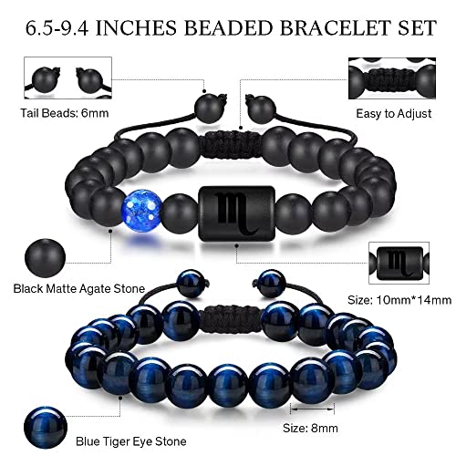 Astrology Taurus Gifts For Men Bracelets, 8Mm Natural Black Matte Agate Stone Handmade Blue Tiger Eye Adjustable Beads Bracelets Zodiac Constellation Taurus Stretch Bracelet Men Jewelry Birthday Gifts #TOP4