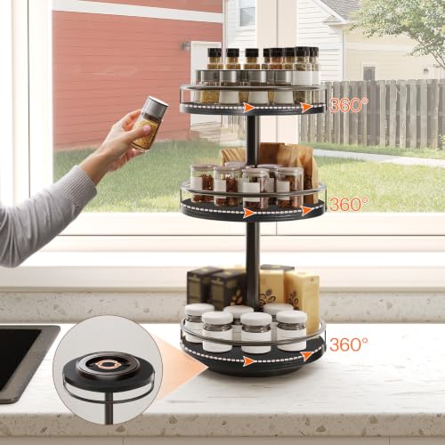 Image of HOOBRO Lazy Susan Organizer, Rotating Spice Rack, 3-Tier Organizer, Turntable Spice Rack, Vertical Storage Organizer, for Kitchen Countertop, Vanity, Dining Table, Black BB09TL01