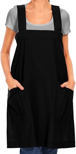 Miniatura 2 de Delantal de algodón con espalda cruzada para mujer, vestido casual con bolsillos grandes, delantal cuadrado suelto para hornear, cocinar, jardinería