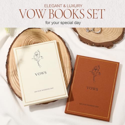 Image of Engrowtic Set of 2 Wedding Vow Books His and Hers Vows on Our Wedding Day Notebooks with Gold Foil Fabric Cover 5.8 inchx 4.1 inch Bride and Groom Gift for Newly Engaged Couple, 60 Lined Pages (Brown, Beige)