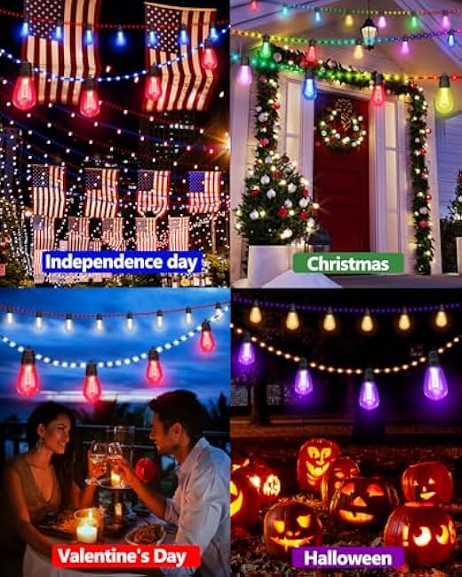 Smart Outdoor Patio Lights - 46ft Smart S14 Independence Day String Lights, Waterproof Shatterproof Bluetooth APP Remote Control Dimmable for Balcony, Backyard, Party, Holiday (RGB & Warm White)