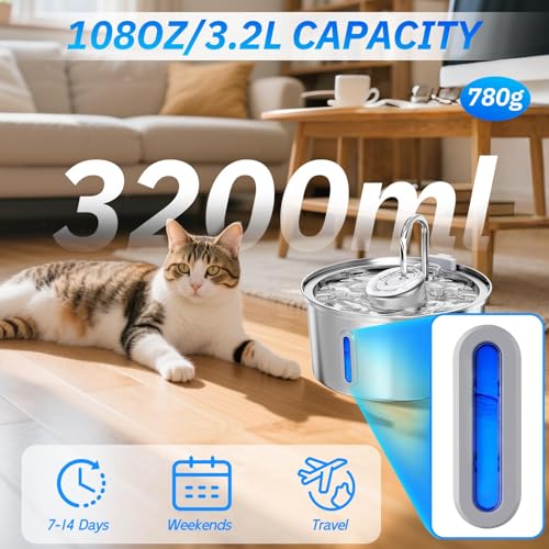 XUNIVERS Katzenbrunnen Edelstahl Trinkbrunnen für Katze:3.2L Trinkbrunnen für Katze Edelstahl,Haustierbrunnen für Kleine Hunde,Mehrschichtiges Filtersystem mit Aktivkohlefilter mehrere Filtration