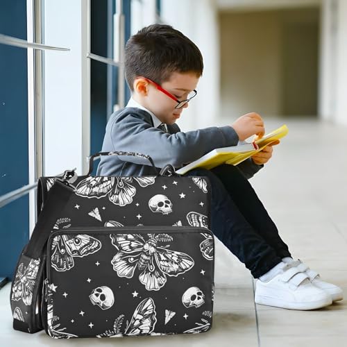 Image of 3 Ring Zipper Binder with Shoulder Strap Skull Moon Moth Black Skeleton 1.5 inch Binders Keeper Large Capacity Multi Pockets for School Office Supplies