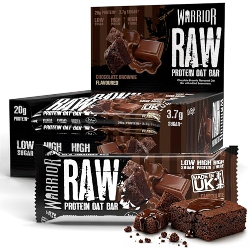 Warrior RAW Protein Bars 12 x 75g 20g High Protein Bar Low Sugar High Fibre Oat Protein Flapjack Protein Snacks Meal Replacement Bars (Chocolate Brownie)