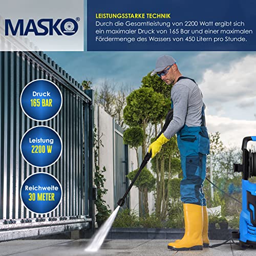 MASKOยฎ Hogedrukreiniger 2200 Watt 165 bar 450 l/u, met spoel slanghaspel 10 m slang 9-delige accessoireset, met zeepfles schuimmondstuk, hogedrukpistool voor auto's/hekken/tuin/patio's - Afbeelding 4