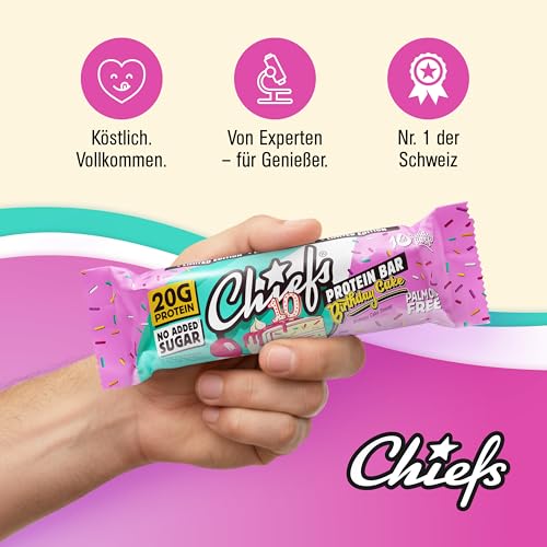 Chiefs High Protein Riegel - 20g Protein, der köstliche Snack ohne Zuckerzusatz - 12x55g Eiweißriegel ohne Palmöl - Birthday Cake Geschmack 3