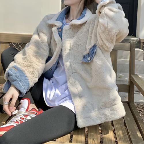 chouyatou Women's Reversible Warm Sherpa Notched Collar Jean Jacket Faux Fur Denim Coat Trucker Jacket2