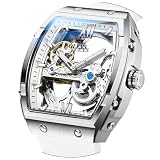 OLEVS Mens Skeleton Watch Automatic Mechanical Silver Tonneau Casual Silicone Strap Wrist Watches for Men