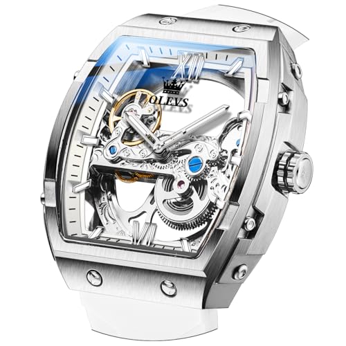 Image of OLEVS Mens Skeleton Watch Automatic Mechanical Silver Tonneau Casual Silicone Strap Wrist Watches for Men