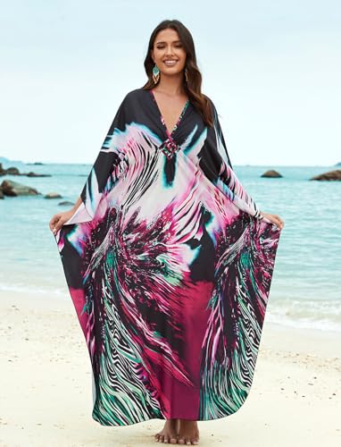 Image of KECVOT Kaftan Dresses for Women Plus Size Batwing Sleeve Caftans Long Bathing Suit Cover Up Maxi Beach Dress Loungewear