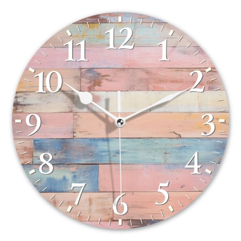 DTOIVSAT Plank Wall Clock Non-Ticking Silent Clocks Battery Operated Analog Decor Clock for Home-Colorful Pastel Pink Wooden Wall(10inch)