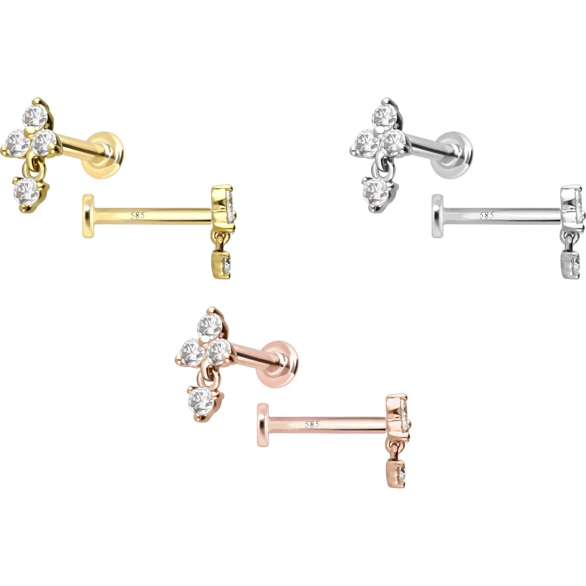 PIERCINGLINE Piercing Stecker 14 Gold Labret mit Innengewinde MOISSANIT-BLUME + MOISSANIT 585er Gold - Roségoldfarben, Goldfarben, Silberfarben