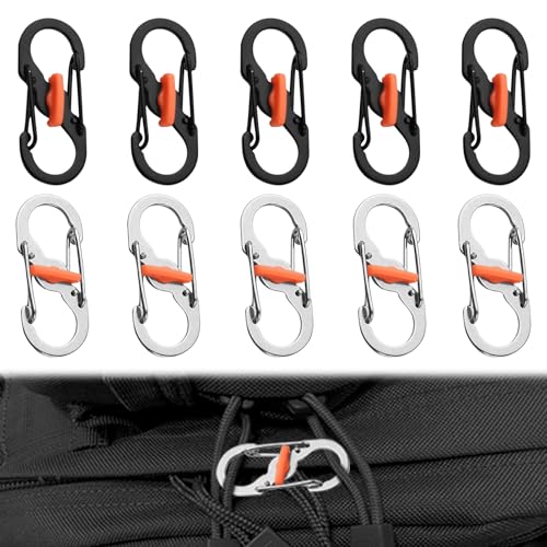 10PCS S Shape Keychain Hook Clip Black and Silver S Ring Locking Carabiner Keyring Clip Backpack Key Small Lockable Carabiner Clips Stainless Steel Clip for Home Outdoor Hiking Fishing Camping Travel