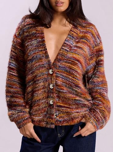 PRETTYGARDEN Womens Cardigan Sweaters Fall Fashion 2025 Striped Long Sleeve Button V Neck Knit Fuzzy Outerwear Winter Clothes4