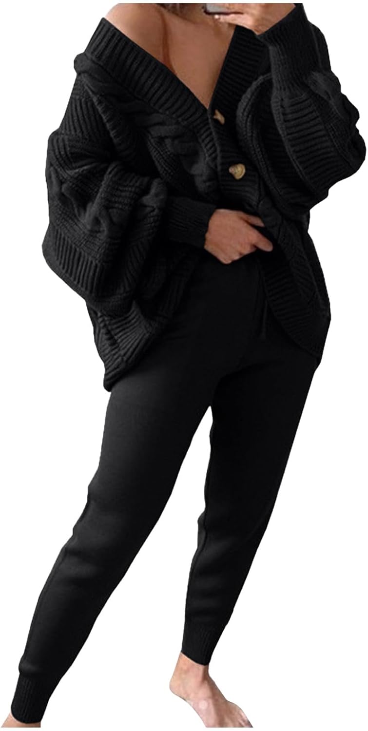 Fall Outfits Women Cardigan Sweater Pants 2 Piece Outfits Oversized Sweatsuits Fall Tops Jogger Sweatpants Tracksuit