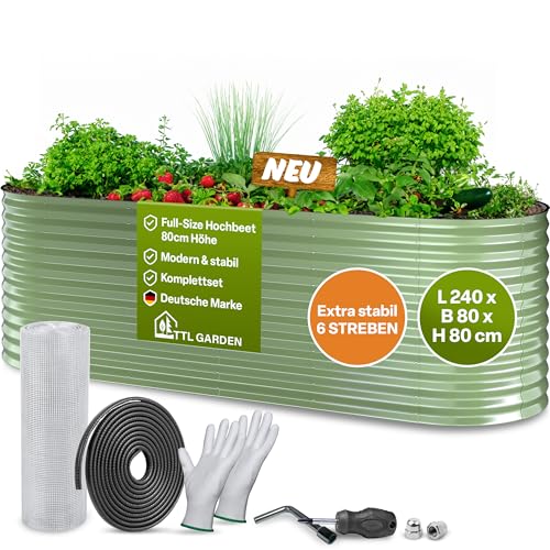 TTL GARDEN 240x80x80cm Nature L Metall Hochbeet Salbei Grün - Stahl rostfrei verzinkt & lackiert Wellblech oval 80cm hoch sehr stabil Garten Beet für Gemüse Kräuter Blumen Gartenbeet Gemüsebeet