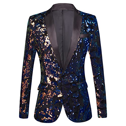 Men's Shiny Sequins Blazer Suit Stylish Sequin Wedding Prom Jacket Tuxedo One Button Slim Party Dress Sport Coat (Blue,Small)